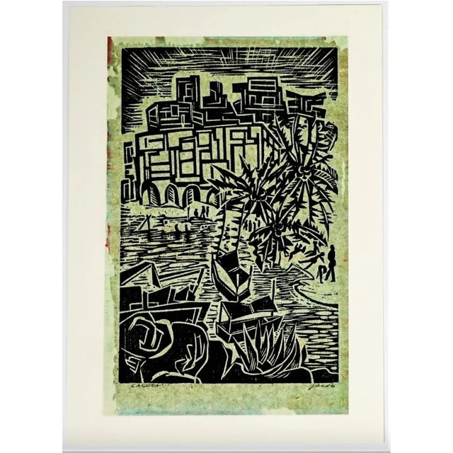 1940s Jacob Heller "Caleta" woodblock or linocut. Signed lower right.