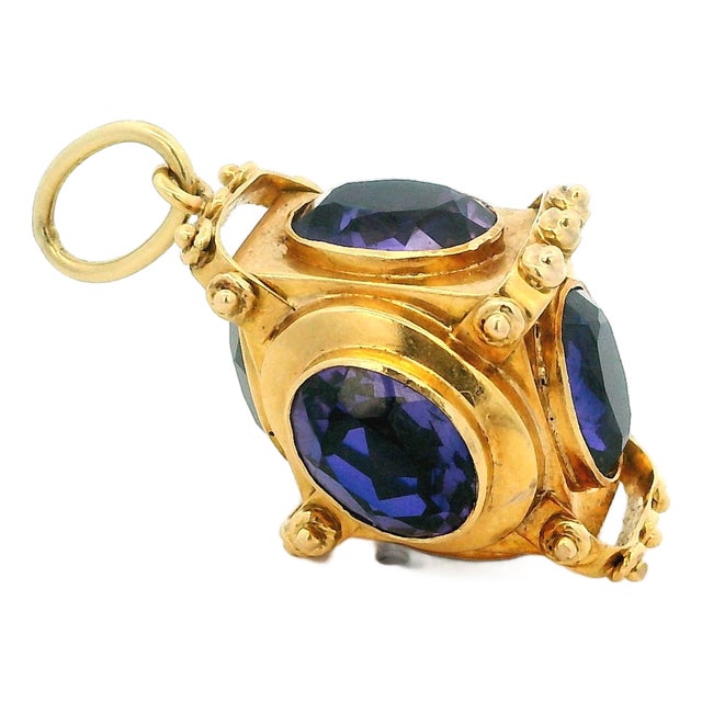 Vintage 18k Gold Rotating Amethyst Cube Charm Pendant For Sale