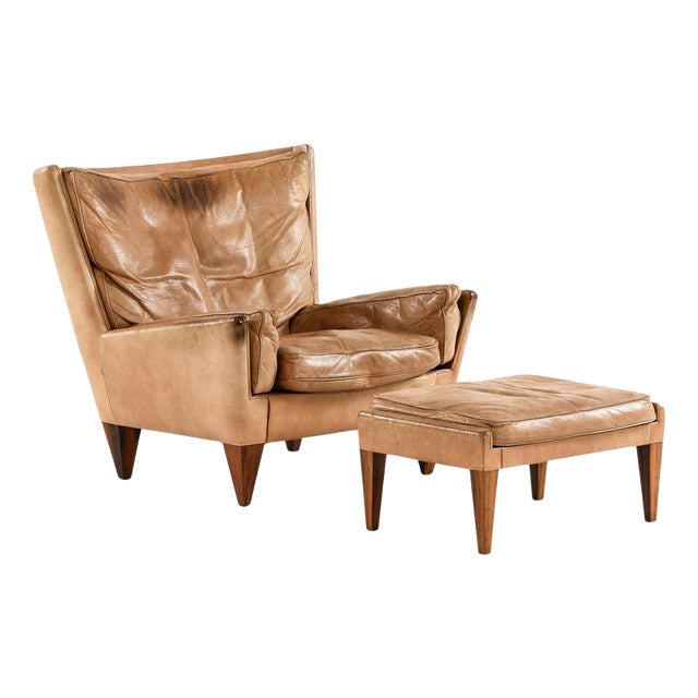 Set of Easy Chair and Ottoman in Leather and Rosewood attributed to Illum Wikkelsø, 1960s For Sale