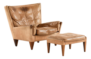 Set of Easy Chair and Ottoman in Leather and Rosewood attributed to Illum Wikkelsø, 1960s