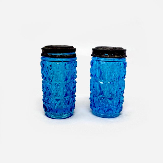 Vintage Eapg Blue Glass Salt & Pepper Shakers - Diamond Point For Sale - Image 4 of 8