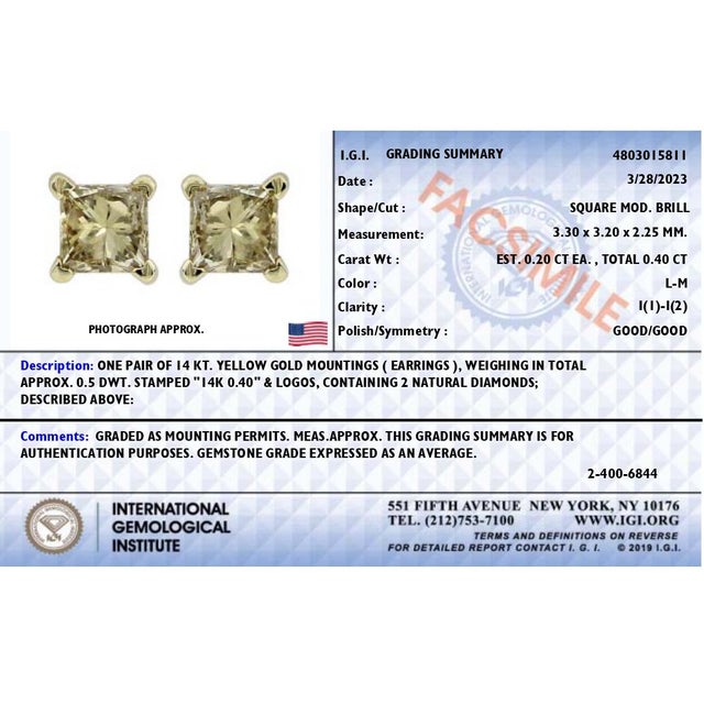 IGI Certified 3/8 Cttw Princess-Cut Square Diamond 4-Prong Solitaire Stud Earrings in 14K Yellow Gold, A Pair (L-M Color, I1-I2 Clarity) For Sale In New York - Image 6 of 7