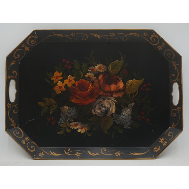 Traditional Vintage Toleware Black & Gold Serving Tray For Sale - Image 3 of 10