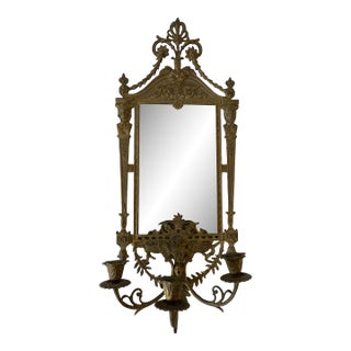 Vintage 1960s Brass Neoclassical Motif by Nb & Iw Gilded Rectangle Mirror Triple Arm Candelabra Sconce For Sale