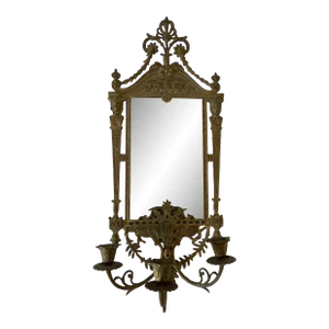 Vintage 1960s Brass Neoclassical Motif by Nb & Iw Gilded Rectangle Mirror Triple Arm Candelabra Sconce