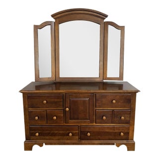 Late 20th Century Cherry Dresser With Trifold Mirror For Sale