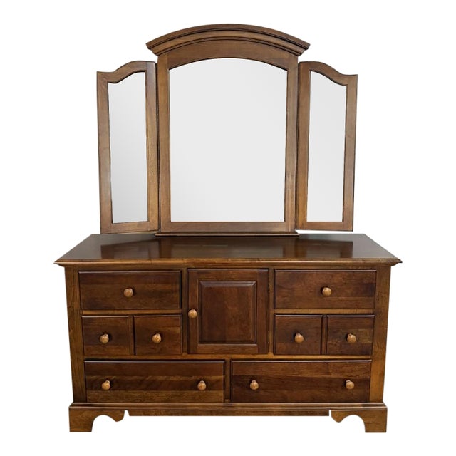 Late 20th Century Cherry Dresser With Trifold Mirror For Sale