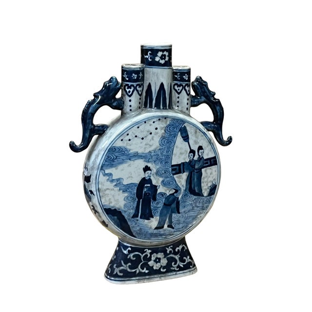 Chinese Blue White Porcelain Round Flat Body People Theme Vase For Sale - Image 4 of 6