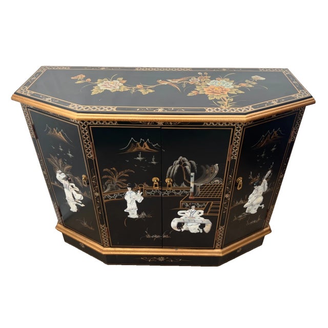 Gorgeous Vintage Chinese Console Cabinet, Chinoiserie Mother of Pearl applique, Asian style. Hand painted flowers and...