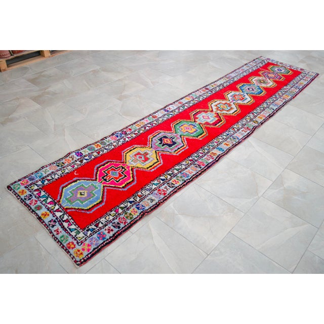 Textile Turkish Hand-Knotted Runner Rug Bold Colors Hallway Rug - 2′8″ × 11′9″ For Sale - Image 7 of 14