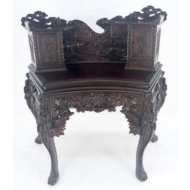 Brown Very Fine Heavily Carved Solid Mahogany Japanese Curved Desk Multiple Drawers For Sale - Image 8 of 12