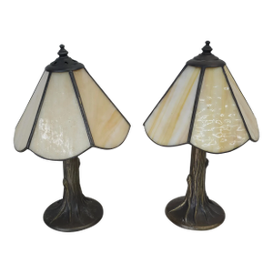 Pair of Mid 20th Century L & WMC Tiffa Mini Metal and Slag Glass Lamps
