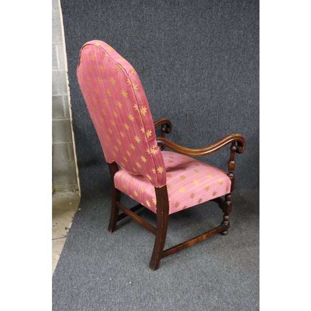 Wood Jacobean Style Carved Walnut Pink Upholstered Throne Chairs - a Pair For Sale - Image 7 of 10