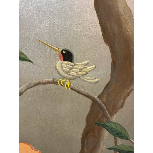 1980s Handpainted 3-Panel Screen of a Botanical Landscape With Birds, Dragonflies, and a Chameleon For Sale - Image 10 of 12