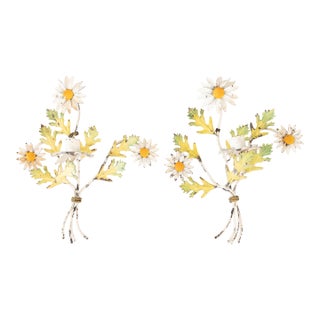 Vintage Italian Tole Daisies Floral Candle Sconces - A Pair For Sale