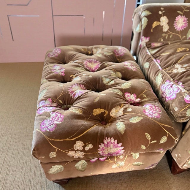 Vintage Custom Traditional English Cottage French Floral Velvet Armchair + Ottoman For Sale In Los Angeles - Image 6 of 12