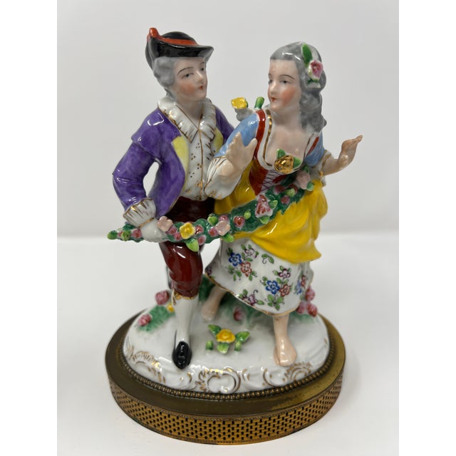 Pair of Dresden Style Porcelain Courting Couple Figurines on Pierced Metal Bases, Circa 1900 For Sale - Image 9 of 10