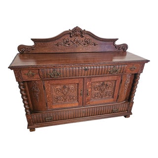 Late 19th Century Antique Oak Carved Sideboard With Fancy Backsplash For Sale