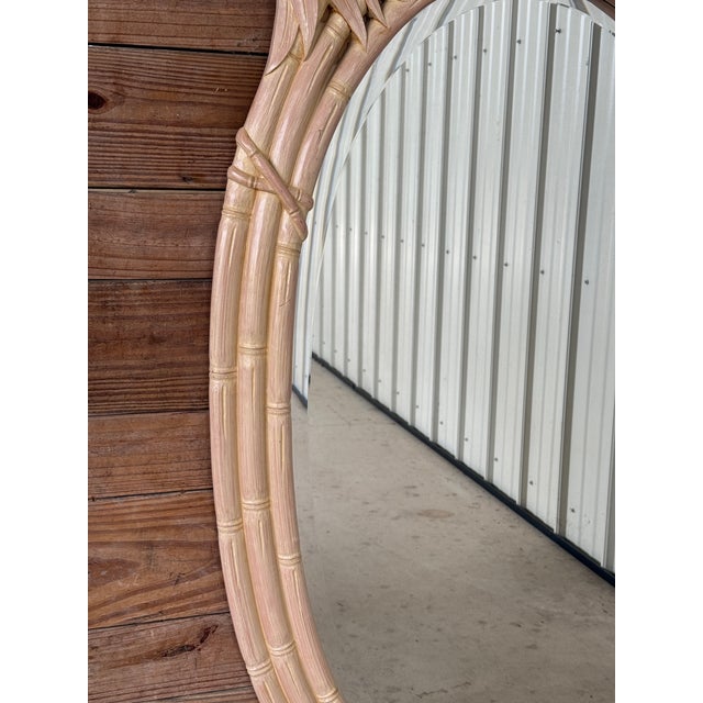 Light Pink Vintage Coastal Faux Bamboo Pagoda Palmette Leaf Oval Mirror For Sale - Image 8 of 12