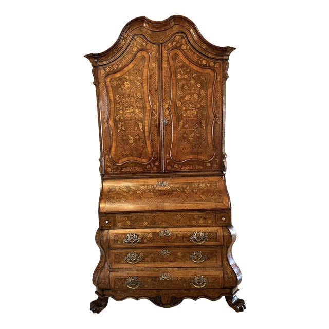 18th Century Dutch Marquetry Inlaid Burr Walnut Bureau Bookcase, 1780s For Sale