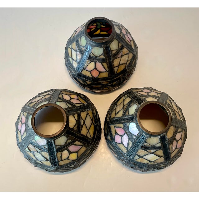 Metal Vintage Tiffany Style Leaded Glass Stained Glass Shades for Pendant / Chandelier - Set of 3 For Sale - Image 7 of 12