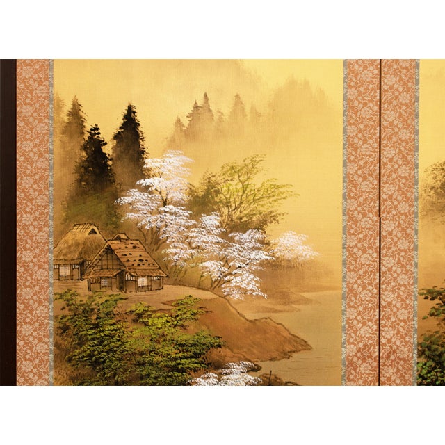"Four Seasons", 1960s Showa Era Japanese Painted Silk Byobu Screen For Sale - Image 4 of 18