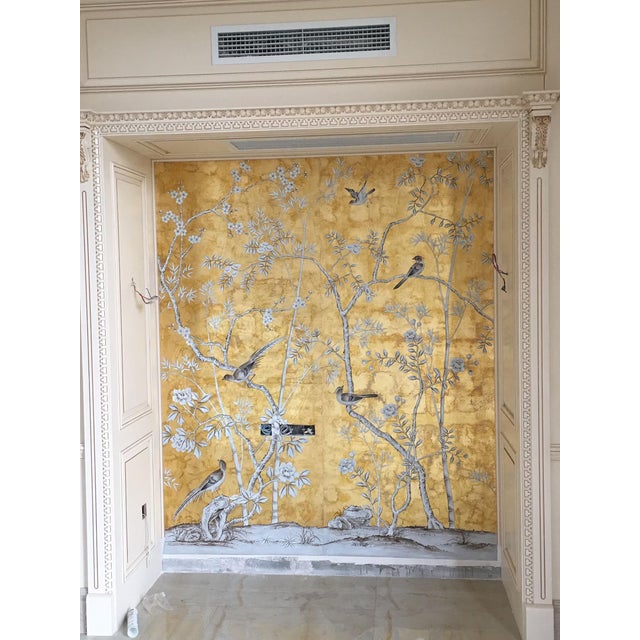 Stunning hand-painted chinoiserie mural set featuring delicate monochrome birds, bamboo, blossoms and butterflies laid...