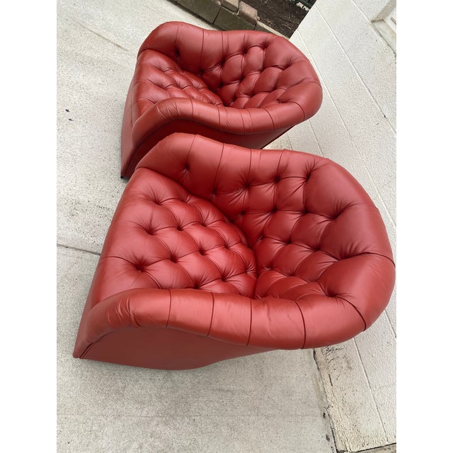 1980s Swivel Ward Bennett Tufted Red Leather Club Chairs -a Pair For Sale - Image 5 of 12