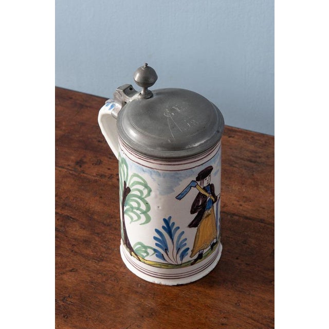 Pewter Mounted Carpenter Beer Stein from Bayreuth Faience, Early 19th Century For Sale - Image 6 of 11