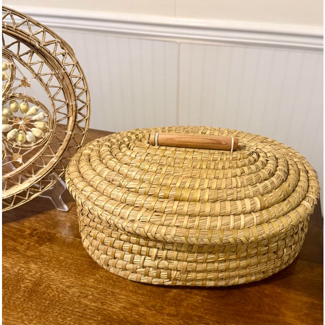 Late 20th Century Late 20th Century Hand Woven Cowrie Shell Wall Hanging and Lidded Basket With Handle For Sale - Image 5 of 12