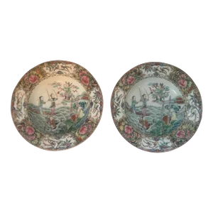 Antique Pair of Handpainted Rose Medallion Bowls
