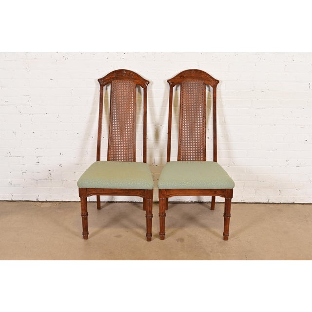 Mid-Century Modern Henredon Style Mid-Century Hollywood Regency Carved Oak and Cane Bamboo Form High Back Side Chairs or Dining Chairs, Pair For Sale - Image 3 of 11