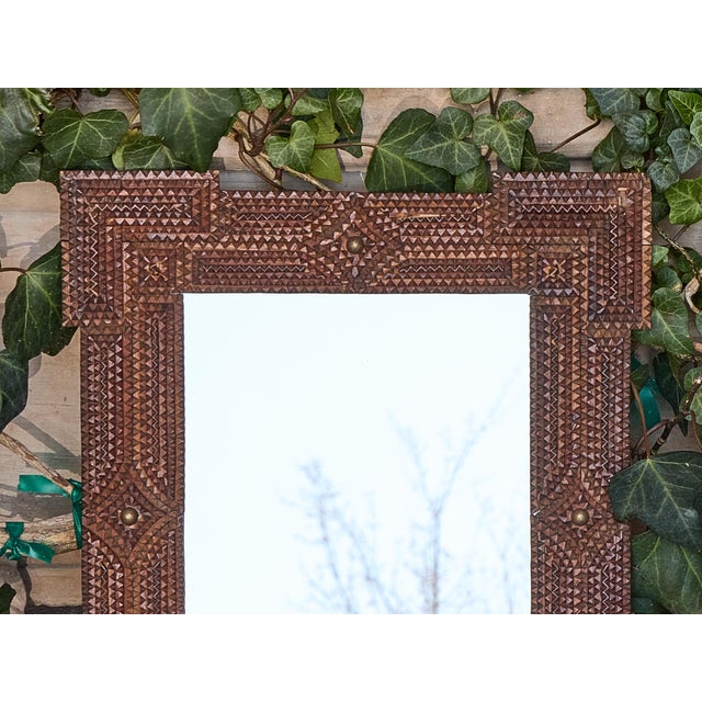 Wood Petite French Tramp Art Mirror with Carved Geometric Frame, circa 1900 For Sale - Image 7 of 12