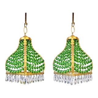 Pair Match 1960s Mosque Chandelier – Emerald Green Crystal Brass Pendant Light For Sale