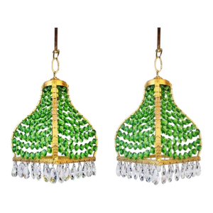 Pair Match 1960s Mosque Chandelier – Emerald Green Crystal Brass Pendant Light
