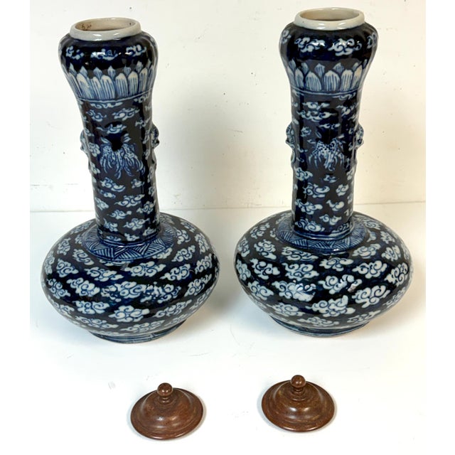 Pair of Late Qing Blue & White Porcelain Garlic-Neck Vases, Lion Mask Handles For Sale - Image 9 of 14