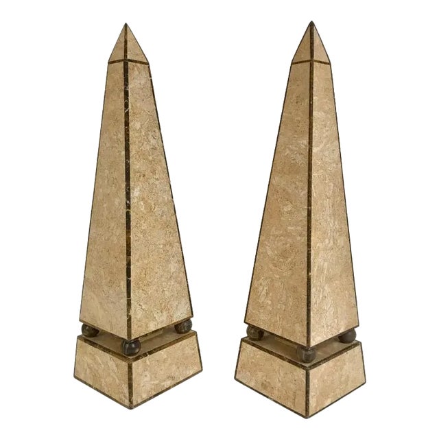 Pair of Maitland Smith Style Obelisks with Travertine and Marble Veneer For Sale