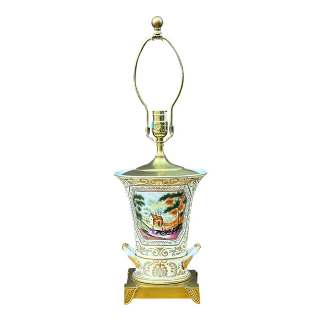 Vintage Chelsea House Hand Painted Ceramic & Brass Table Lamp For Sale