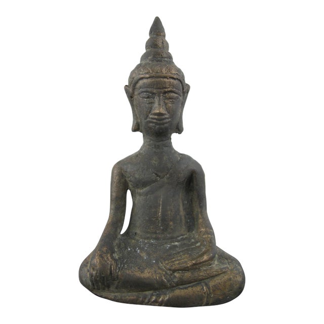 Thai Ayuthaya Style Gold Patina Bronze Seated Meditation Buddha Statue Figurine For Sale