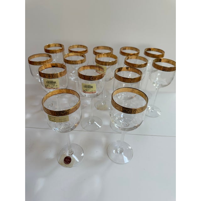 Vintage 1970s Lenox "Autumn" Pattern Set of Fifteen (15) Crystal Wine Glasses With Gold Band Encrusted 7.5" High - Set of 15 For Sale - Image 11 of 17