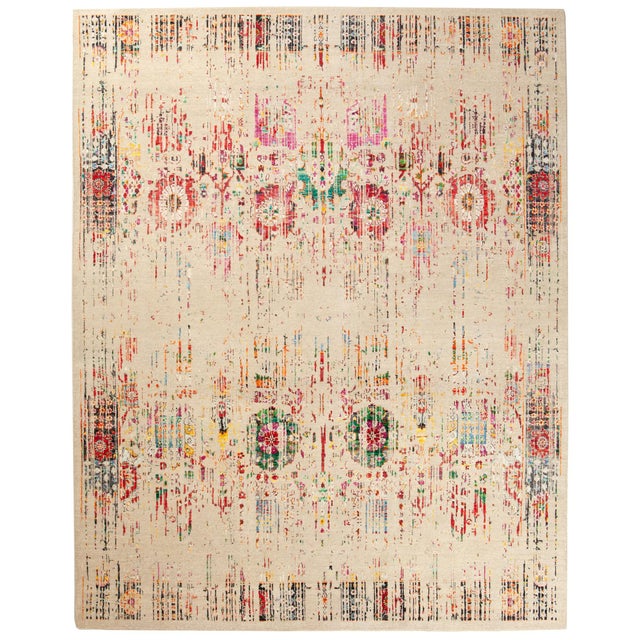 White Handwoven Silk Rug with Multicolor Abstract Patterns, 2010s For Sale - Image 8 of 8