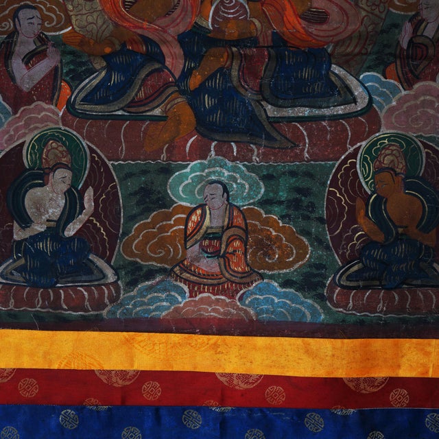 Blue Antique Tibetan Hand Painted Silk and Canvas Thangka with Figures, Circa 1920 For Sale - Image 8 of 12