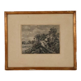 Antique Framed Drypoint Etching Landscape For Sale