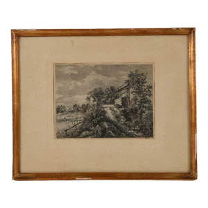 Antique Framed Drypoint Etching Landscape