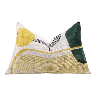 Luxury Silk Velvet Pillow 16x24 – Handmade Modern Geometric Lumbar Cushion in Yellow & Green For Sale
