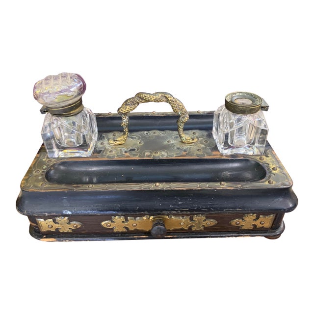 1950s Brass and Lacquered Wood Stationery Writing Desk/Box and Inkstand For Sale