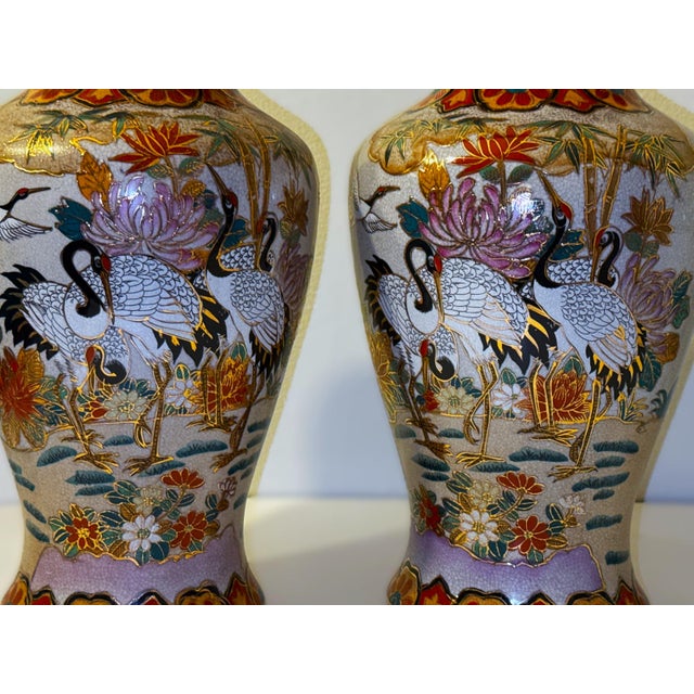 Ceramic Large Chinoiserie Vases With Cranes and Flowers - A Pair For Sale - Image 7 of 8