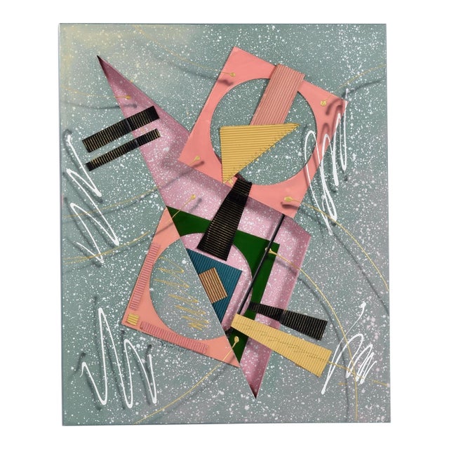 Vintage 1980s Memphis Style 3d Abstract Geometric Mixed Media Combine Painting For Sale