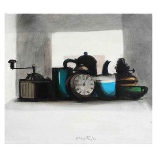 Enotrio Pugliese, Still Life with Alarm Clock, Oil on Canvas, Mid-20th Century For Sale