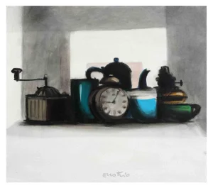 Enotrio Pugliese, Still Life with Alarm Clock, Oil on Canvas, Mid-20th Century
